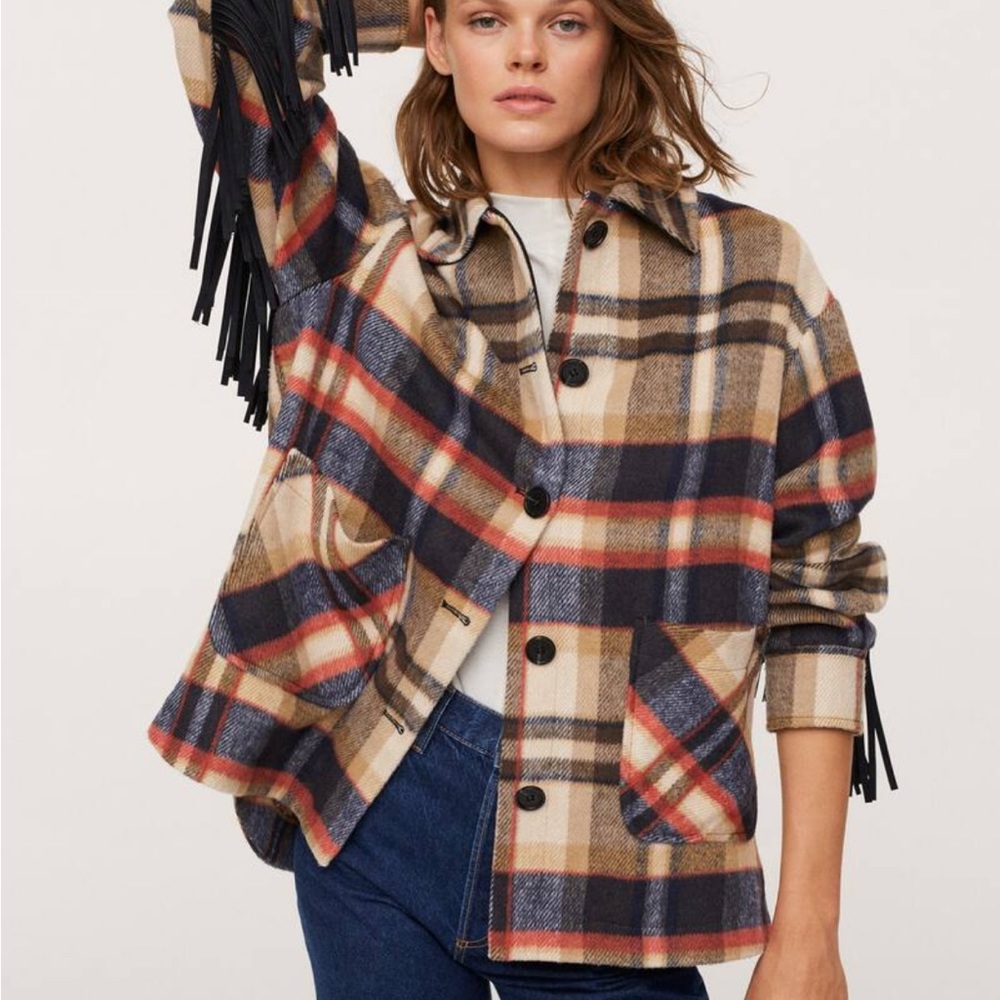 Mango check print jacket/shacket with fringe XS